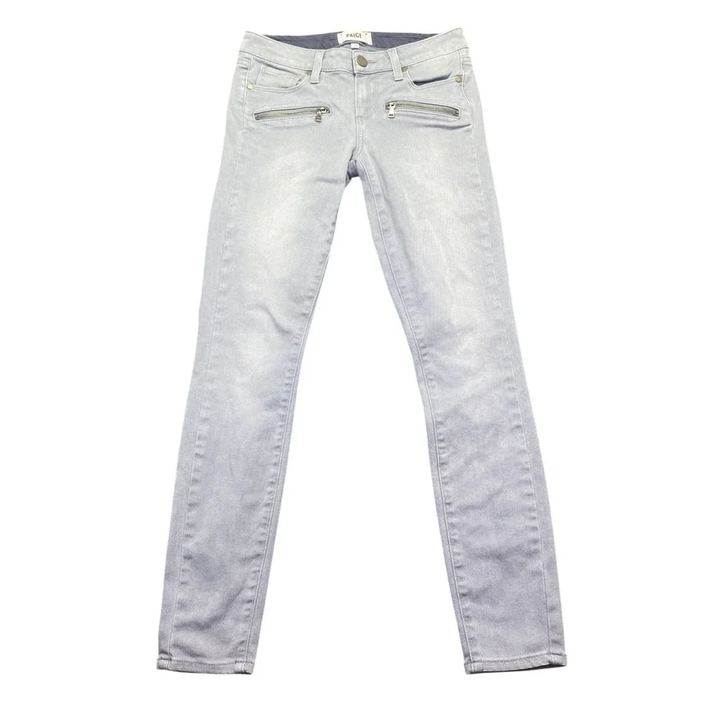 Paige Indio Zip Skinny Jeans Light Grey Low Rise Moto Zipper Pockets Size 26